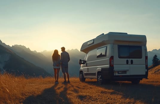 A couple stands together, watching the sunset with a camper van parked nearby in a mountainous landscape.