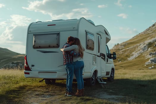 A couple shares a warm embrace by their camper van, surrounded by scenic hills during a beautiful sunset.