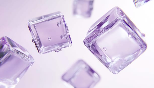 Translucent purple ice cubes are suspended in mid-air, reflecting light in a soft, bright environment, creating an ethereal effect.