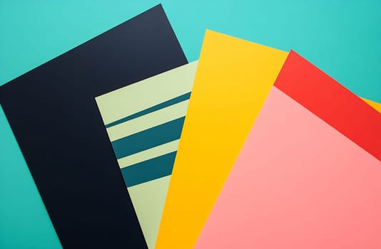A vibrant collection of colorful paper sheets is laid out on a turquoise surface, showcasing various hues and textures.