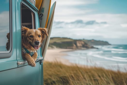 A happy dog leans out the window of a van, gazing at the beautiful beach and ocean waves on a sunny day.