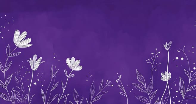 A vibrant purple backdrop features beautifully outlined white flowers and delicate plants, creating a serene and artistic atmosphere.