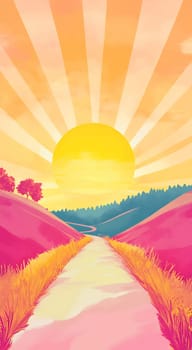 A vibrant sunset colors the sky as a winding path leads through rolling hills and trees, capturing a serene atmosphere.