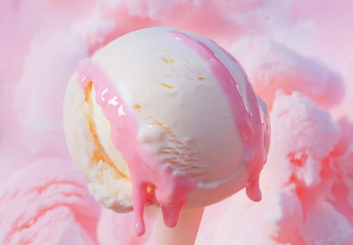 A close-up of a creamy ice cream scoop drizzled with pink syrup against a fluffy, pastel backdrop, evoking a sweet treat.