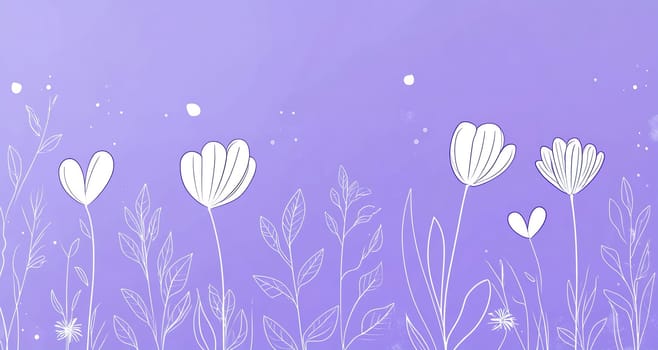 Delicate white flowers and leaves rise against a calming purple backdrop, creating a serene and artistic display of nature's beauty.