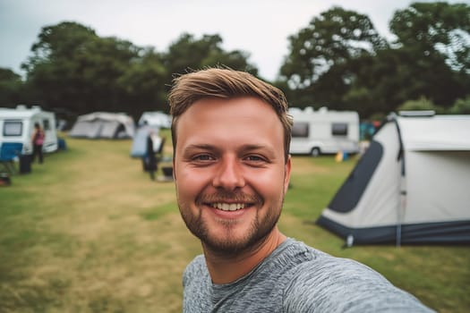 A joyful man smiles while camping in a lush green field filled with tents and caravans. Friends gather in the background under cloudy skies.