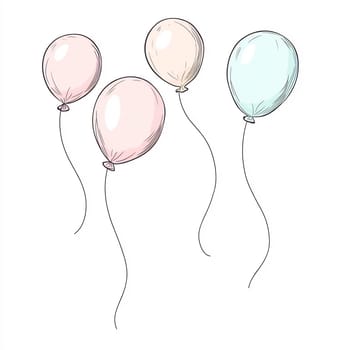 Four pastel balloons float gracefully in the air, creating a light and cheerful atmosphere, perfect for celebrations.