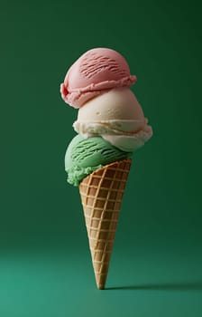 A colorful ice cream cone features three scoops: pink, white, and green, set against a vibrant green background.