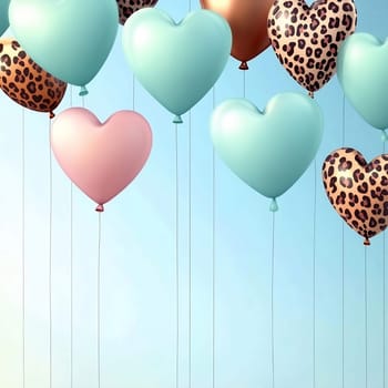 Heart-shaped balloons in various colors and patterns are gently floating against a clear blue sky.
