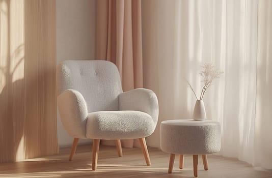 A soft white chair sits beside a small table, illuminated by gentle sunlight filtering through sheer curtains.