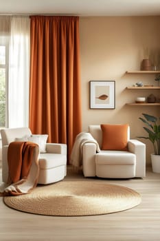 A serene living room features two plush chairs, warm curtains, a round rug, and decorative plants, creating a welcoming atmosphere.