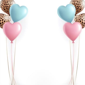 A cheerful arrangement of heart-shaped balloons in pink, blue, and leopard print perfect for festive occasions.