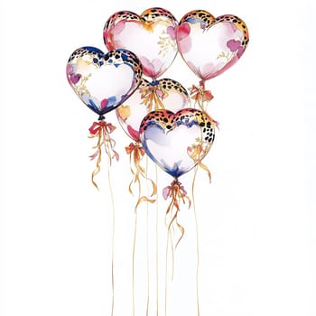 A bunch of vibrant heart-shaped balloons dance in the air, adorned with floral patterns and ribbons. Perfect for celebrations.