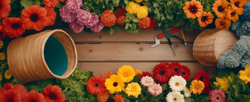 Bright and colorful flowers arranged around gardening tools and empty baskets, perfect for spring themes with copy space.