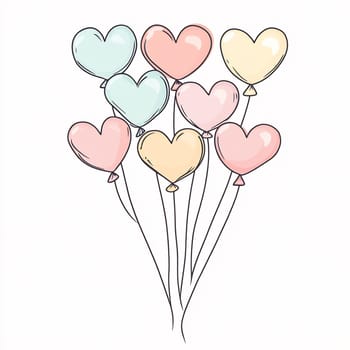 Bright heart-shaped balloons in pastel colors float together, perfect for a festive occasion or celebration, adding joy and charm.