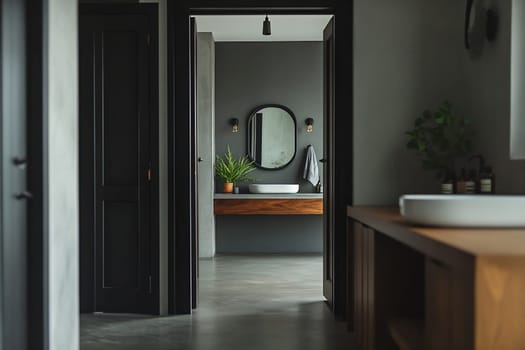 A contemporary bathroom features stylish decor with a plant, sleek sink, and elegant mirror in a calm, neutral color scheme.