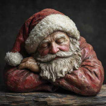 A serene Santa Claus figure rests with eyes closed embodying the warmth of the holidays while wearing a classic red suit and hat.