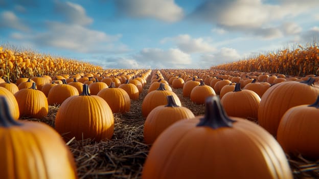 A vibrant field of pumpkins stretches out under a bright blue sky, symbolizing a bountiful harvest.