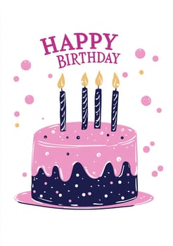 A colorful cake with pink frosting and four lit candles celebrates a special birthday occasion adorned with festive decorations.