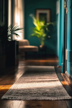 A serene hallway features a runner rug, sunlight streaming in, and greenery enhancing the tranquil atmosphere.
