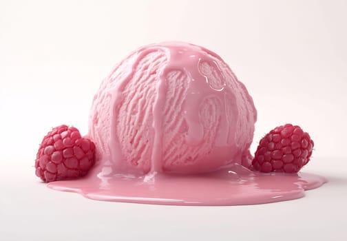 A scooped ball of pink raspberry ice cream melts on a surface, surrounded by fresh raspberries, creating a tempting dessert display.
