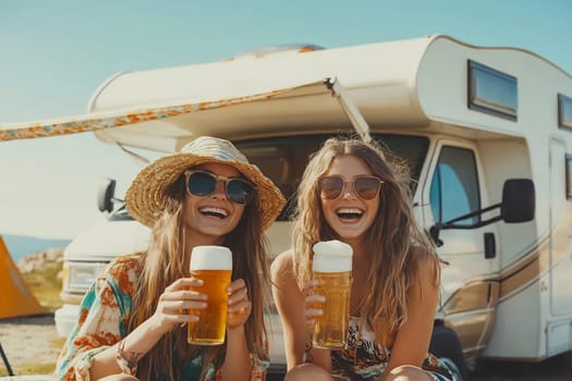 Two friends sit outside their camper van, laughing and toasting with cold beers under the bright sun.