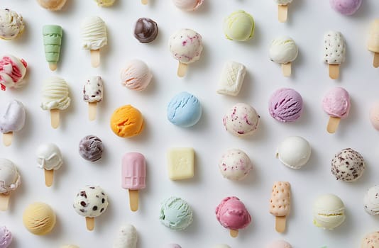 A vibrant display of various ice cream flavors arranged neatly, showcasing colorful scoops and ice cream bars on a white background.