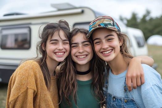 Three young friends enjoy each other's company outdoors, smiling joyfully in front of a camper on a cloudy day.