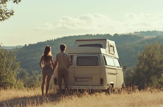 A couple stands hand in hand, admiring the scenic landscape near their vintage camper van during sunset.