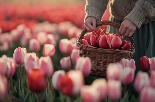 A woman gathers vibrant tulips in a blooming field during spring, showcasing the beauty of nature and seasonal colors.