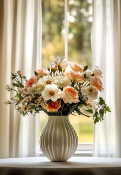 A vase of peach and white flowers brightens up a room, set against soft curtains and natural light.