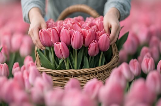 A woman collects vibrant pink tulips in a wicker basket amidst a beautiful blooming field during spring.