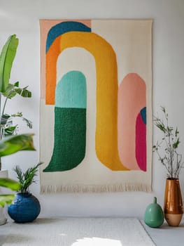 A vibrant wall hanging adds a pop of color to a cozy room filled with greenery and modern decor elements.