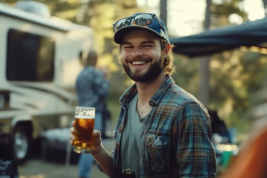 A man enjoys a cold beer and smiles happily, surrounded by a campsite in a forest setting on a sunny day.
