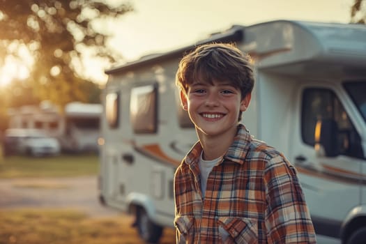 A young boy in a plaid shirt smiles brightly beside a camper van during a warm sunset.