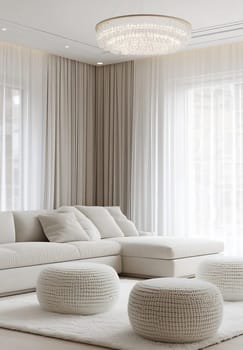 A stylish living room featuring a white sectional sofa, circular poufs, and sheer curtains allowing natural light to flow in.