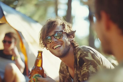 A young man wearing sunglasses smiles while holding a drink during a camping trip with friends in the woods.