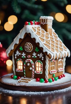 A festive gingerbread house stands out on a plate, adorned with icing, candy, and snow-like decorations. It captures the spirit of Christmas baking, surrounded by a cheerful atmosphere. Generative AI.