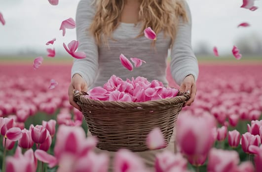 A woman gathers vibrant pink tulips while standing in a blooming field, surrounded by a sea of colorful flowers.