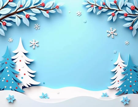 A handcrafted winter scene features delicate paper cut designs of snow-covered trees and intricate snowflakes against a soft blue background for holiday decor. New Year, Christmas. Generative AI.