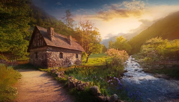 Old stone cabin on a valley near a flowing stream surrounded by green hills. The scene is bathed in warm, golden light from the setting sun, blooming flowers and trees adding to the serene atmosphere
