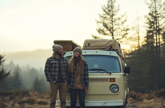 A young couple stands beside their vintage van, enjoying the serene beauty of the wilderness at sunset.