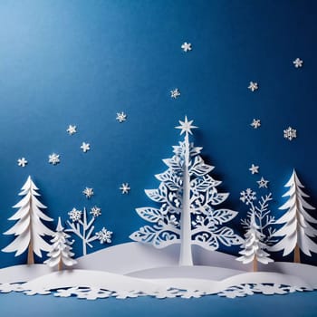 A handcrafted winter scene features delicate paper cut designs of snow-covered trees and intricate snowflakes against a soft blue background for holiday decor. New Year, Christmas. Generative AI.