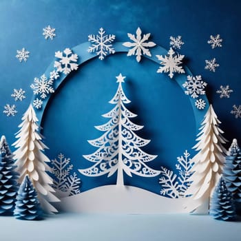 A handcrafted winter scene features delicate paper cut designs of snow-covered trees and intricate snowflakes against a soft blue background for holiday decor. New Year, Christmas. Generative AI.