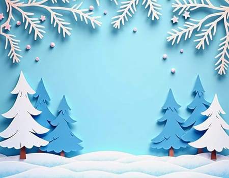 A handcrafted winter scene features delicate paper cut designs of snow-covered trees and intricate snowflakes against a soft blue background for holiday decor. New Year, Christmas. Generative AI.