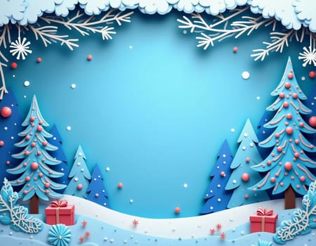 A handcrafted winter scene features delicate paper cut designs of snow-covered trees and intricate snowflakes against a soft blue background for holiday decor. New Year, Christmas. Generative AI.