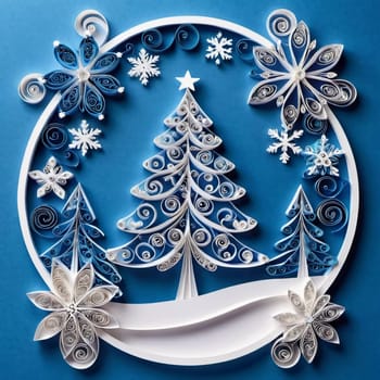 A handcrafted winter scene features delicate paper cut designs of snow-covered trees and intricate snowflakes against a soft blue background for holiday decor. New Year, Christmas. Generative AI.