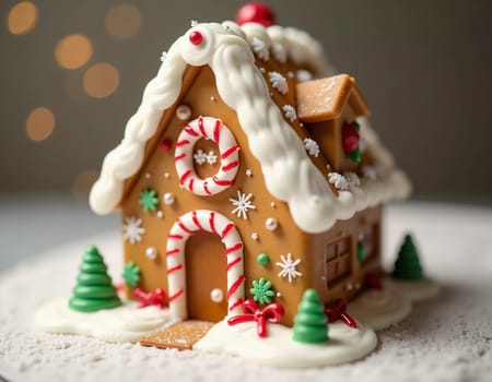 A charming gingerbread house with a snowy roof sits on a plate, surrounded by festive decorations capturing the holiday spirit. White sweet butter cream. New Year, Christmas decoration. Generative AI.