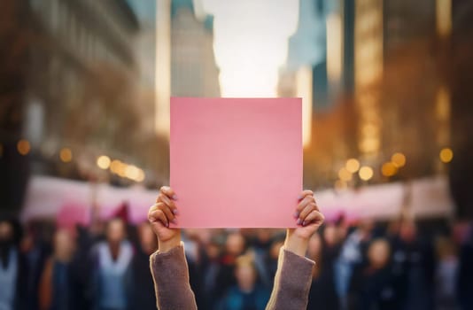 Closeup female activist with hands raised up holding a blank pink banner during a public protest demonstration on the crowded city street.