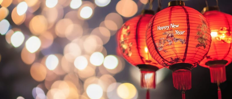 Colorful red lanterns illuminate the night as fireworks burst in the background marking the arrival of a joyous new year celebration.